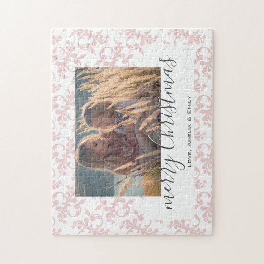 Roze White Rococo Merry kerstscript Foto Legpuzzel (Verticaal)