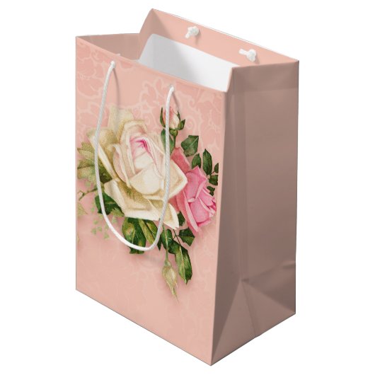 Roze & White Rose Bouquet Medium Cadeauzakje (Voorkant Gekanteld)