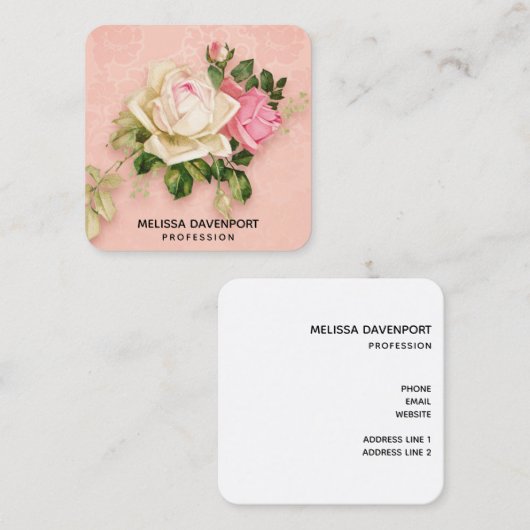 Roze & White Rose Bouquet Vierkante Visitekaartje (Voorkant / Achterkant)