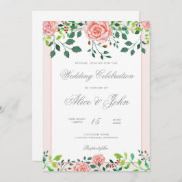Roze & White Rose Wedding Invitation Kaart