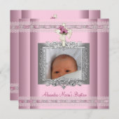 Roze White Silver Photo Cross Baptisme Christening Kaart (Voorkant / Achterkant)