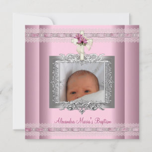 Roze White Silver Photo Cross Baptisme Christening Kaart