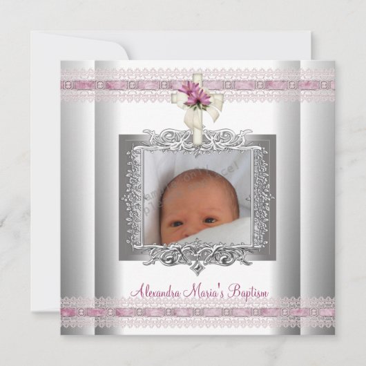 Roze White Silver Photo Cross Baptisme Christening Kaart (Voorkant)