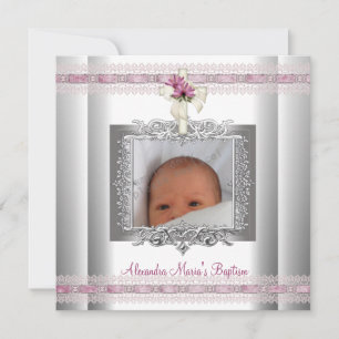 Roze White Silver Photo Cross Baptisme Christening Kaart