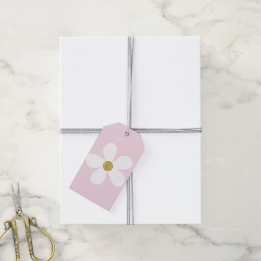 Roze White Simple Daisy Gold Cadeaulabel (Met Touw)