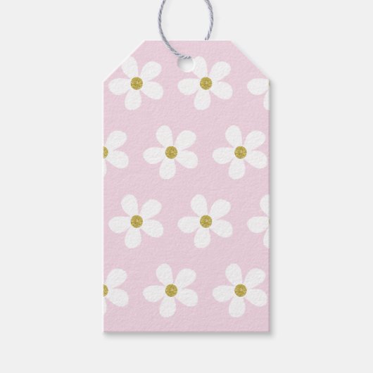 Roze White Simple Daisy Gold Pattern Cadeaulabel (Voorkant)