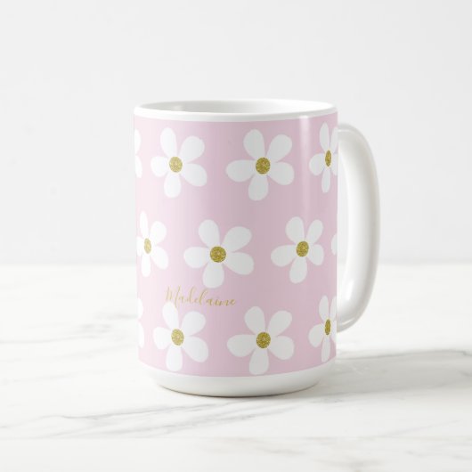 Roze White Simple Daisy Gold Personal Koffiemok (Voorkant rechts)