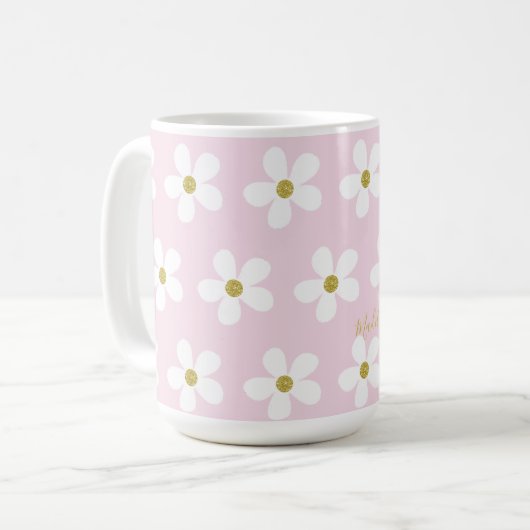 Roze White Simple Daisy Gold Personal Koffiemok (Voorkant links)