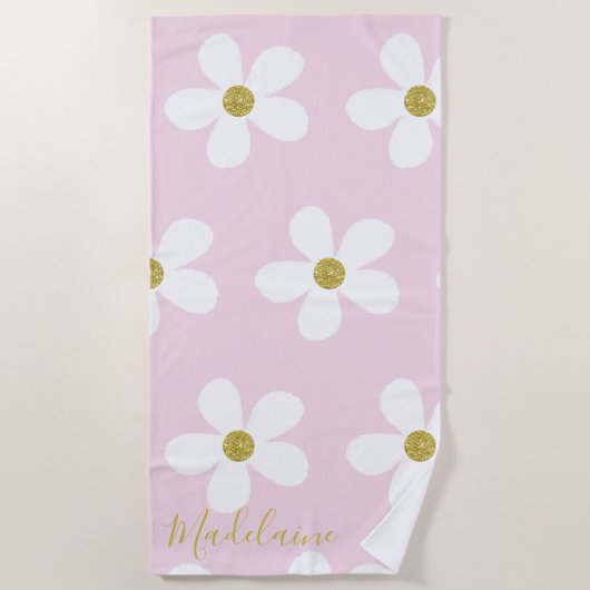 Roze White Simple Daisy Gold Personal Strandlaken (Voorkant)