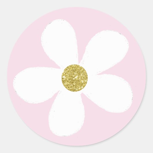 Roze White Simple Daisy Gold Ronde Sticker (Voorkant)