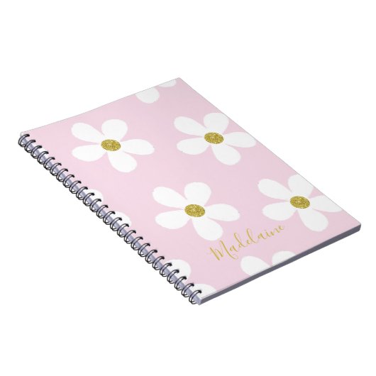 Roze White Simple Daisy Pattern Gold School Notitieboek (Rechterzijde)