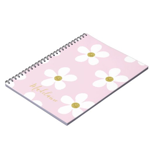 Roze White Simple Daisy Pattern Gold School Notitieboek (Linkerzijde)