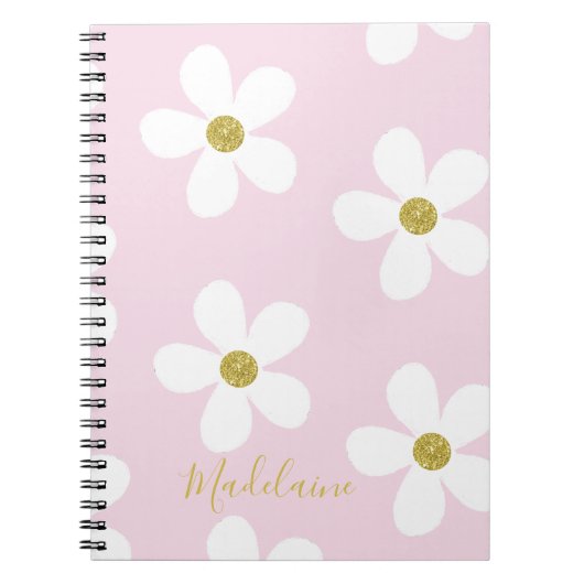 Roze White Simple Daisy Pattern Gold School Notitieboek (Voorkant)