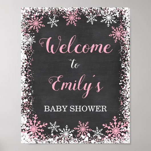 Roze White Snowflake Girl Baby shower Welkom Poster (Voorkant)