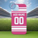 Roze White Sports Jersey met naam en nummer iPhone 16 Hoesje<br><div class="desc">Dit sportieve ontwerp is ideaal voor alle atleten van vrouwen die lacrosse,  voetbal of softball spelen. Je verandert de getallen in je geluksgetal of zelfs een speciale leeftijd voor een verjaardagsfeest.</div>