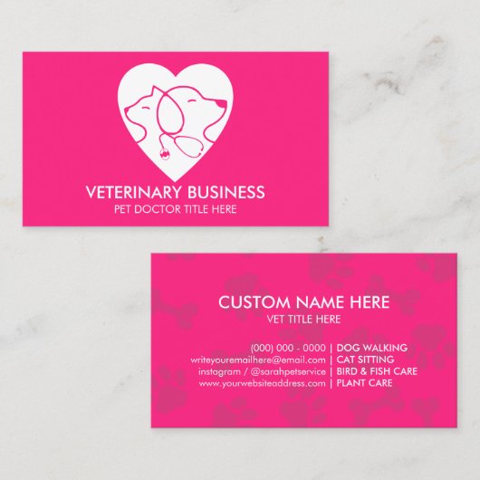 Roze White Veterinary Paw Pet Doctor Animal Visitekaartje (Voorkant / Achterkant)
