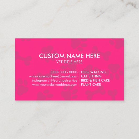Roze White Veterinary Paw Pet Doctor Animal Visitekaartje (Achterkant)