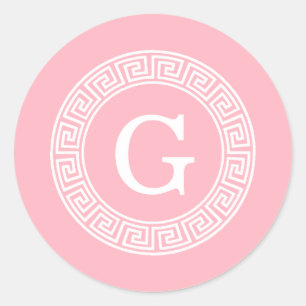 Roze WHT Grieks sleutel RND Lijst Initiaal monogra Ronde Sticker