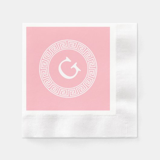 Roze WHT Grieks sleutel RND Lijst Initiaal monogra Servet (Voorkant)