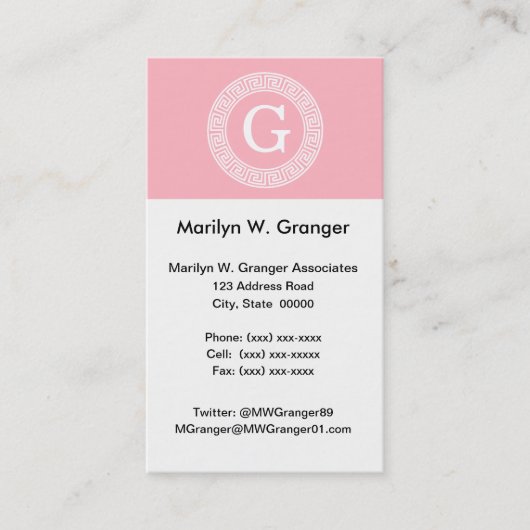 Roze WHT Grieks sleutel RND Lijst Initiaal monogra Visitekaartje (Voorkant)