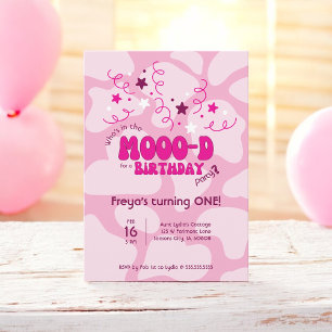 Roze Wie is er in de MOOO-D koeienprint 1e verjaar Kaart