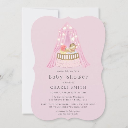 Roze wieg babymetjes babyshower uitnodiging (Voorkant)