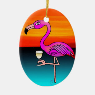 Roze wijn drinkende Flamingo aangepast Keramisch Ornament
