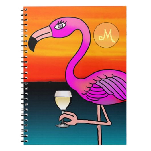 Roze wijn drinkende Flamingo Monogram Notitieboek (Voorkant)
