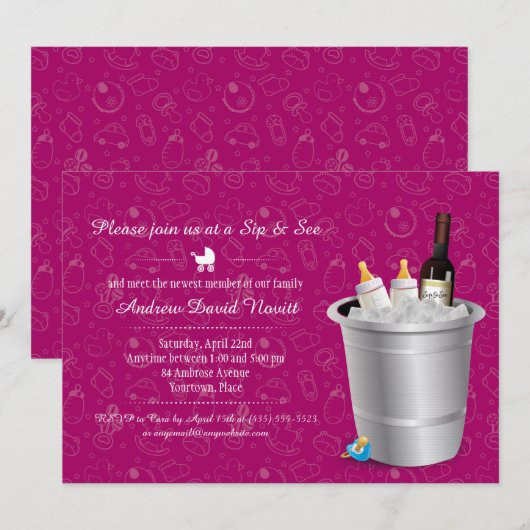 Roze wijn en Baby flessen Sip and See Baby shower Kaart (Voorkant / Achterkant)