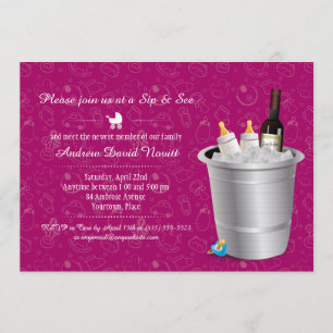 Roze wijn en Baby flessen Sip and See Baby shower Kaart