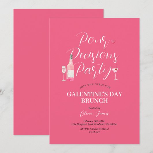 Roze Wijn Galentine's Day Party Brunch Diner Kaart (Voorkant / Achterkant)