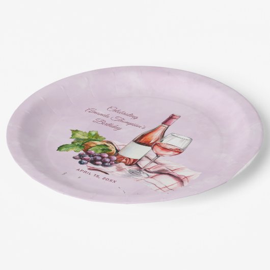 Roze wijn verjaardag papieren bordje (Gekanteld)