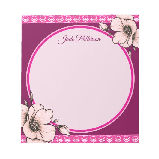 Roze & Wijnrode Bloem Cirkel Frame Naam Sjabloon Notitieblok (Voorkant)