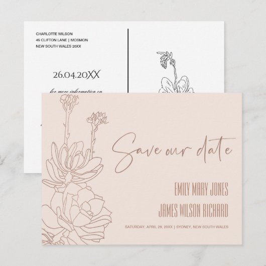 ROZE WIJSTIJL CACTUS VETPLANT SCHETS SAVE THE DATE AANKONDIGINGSKAART (Voorkant / Achterkant)