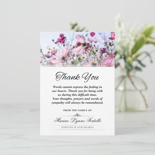 Roze wild bloemveld Dank je wel Bedankkaart (Staand voorkant)