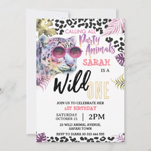 Roze Wild Een 1e Verjaardag Safari Oerwoud Meisje Kaart (Voorkant)