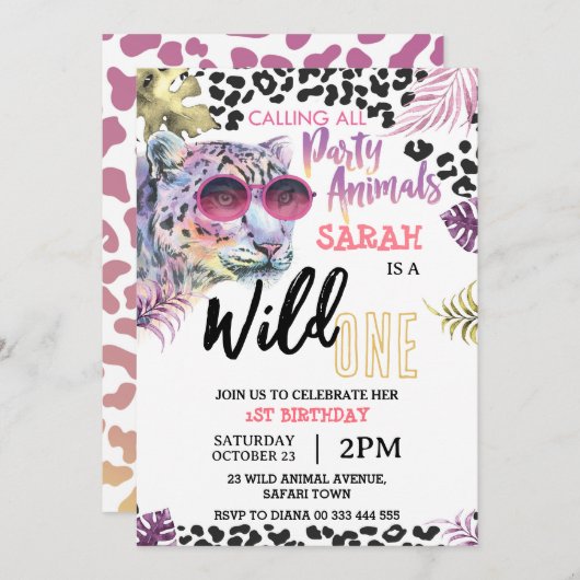 Roze Wild Een 1e Verjaardag Safari Oerwoud Meisje Kaart (Voorkant / Achterkant)