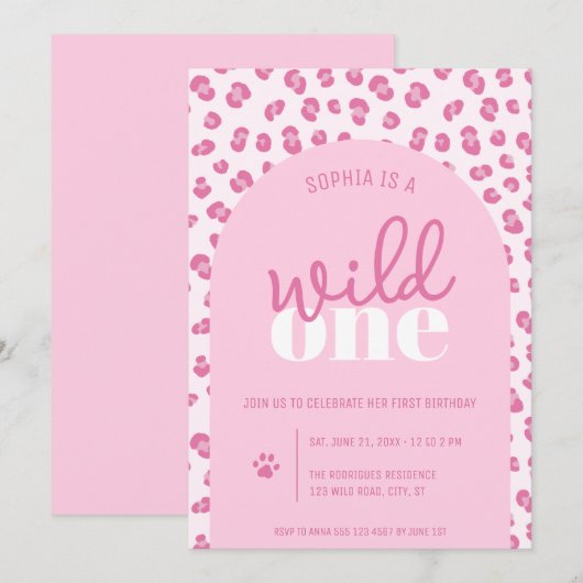 Roze Wild One Girl Eerste Verjaardag Uitnodiging (Voorkant / Achterkant)