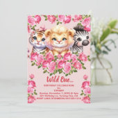 Roze Wild One Girl's verjaardagsfeestje uitnodigin Kaart (Staand voorkant)