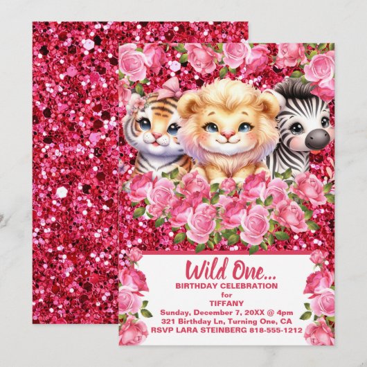 Roze Wild One Girl's verjaardagsfeestje uitnodigin Kaart (Voorkant / Achterkant)