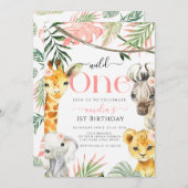 Roze Wild One Safari Oerwoud 1e Verjaardagsmeisje Kaart (Voorkant / Achterkant)