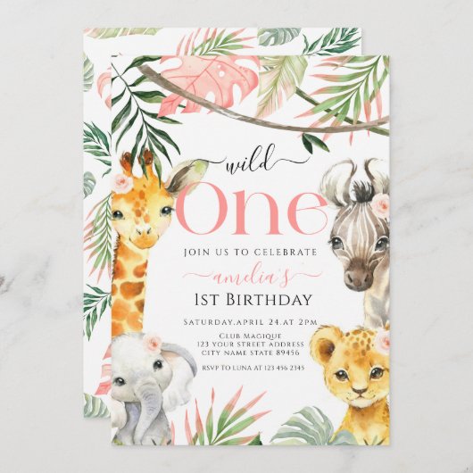 Roze Wild One Safari Oerwoud 1e Verjaardagsmeisje Kaart (Voorkant / Achterkant)