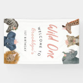 Roze Wild One Safari Thema Jongen 1e Verjaardag Spandoek (Horizontaal)
