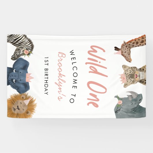 Roze Wild One Safari Thema Jongen 1e Verjaardag Spandoek (Horizontaal)