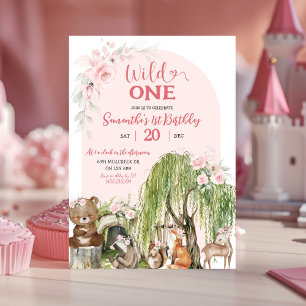 Roze Wild One Woodland Animals Meisje Eerste Verja Kaart