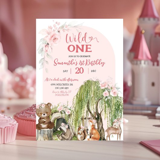 Roze Wild One Woodland Animals Meisje Eerste Verja Kaart