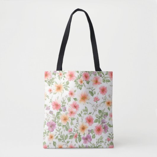 Roze wild roos bloemmotief, boho tote bag (Voorkant)