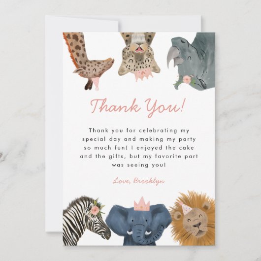 Roze Wild Safari Dieren Verjaardagsfeest Bedankkaart (Voorkant)