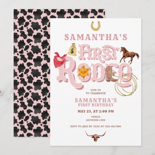 Roze Wild West Eerste Rodeo Baby Meisje 1e Verjaar Kaart (Voorkant / Achterkant)
