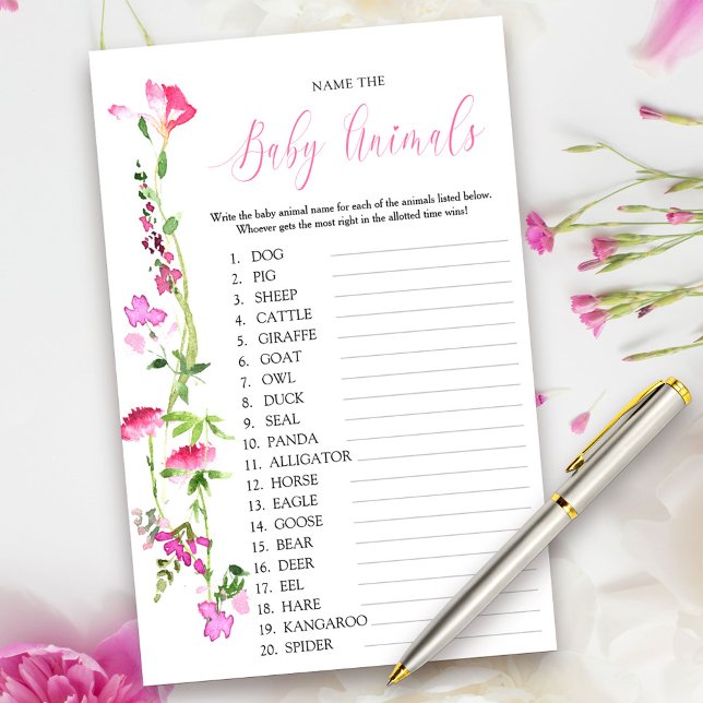 Roze Wildbloem Baby Dierennaam Quiz Game (Baby Animal Game Cards from my Pink Wildflower Collection. Message me to create co-ordinating items.)